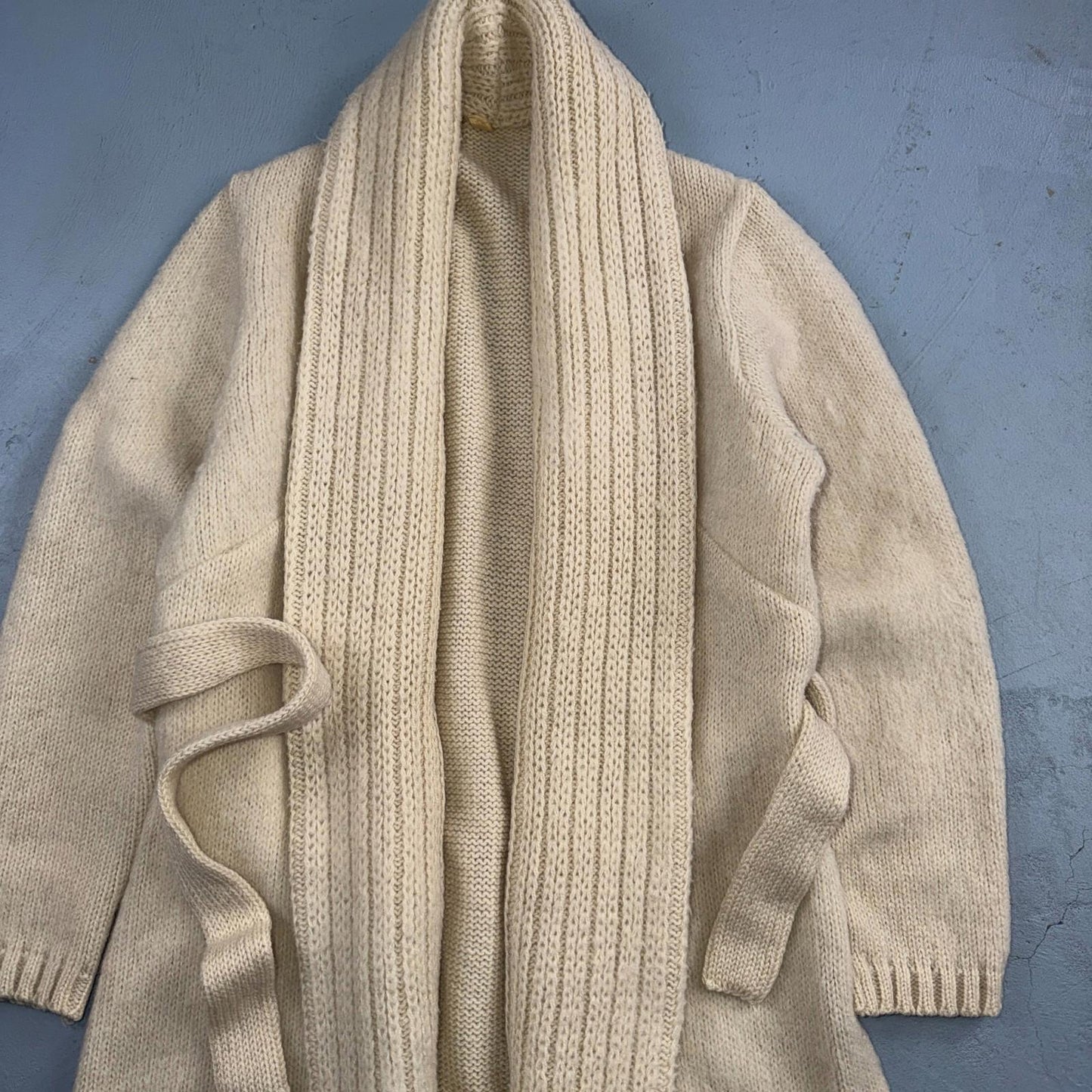 VTG 70s 80s Ribbed Knit Cardigan Open Belted Pockets Beige S/M Boho Chic