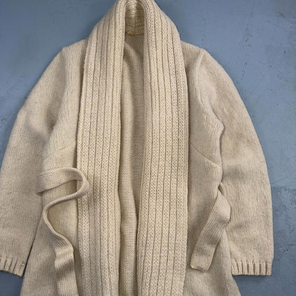 VTG 70s 80s Ribbed Knit Cardigan Open Belted Pockets Beige S/M Boho Chic