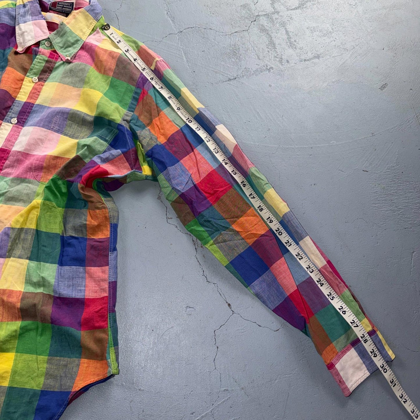 VTG Albert LTD Blue Yellow Button Up Long Sleeve Picnic Plaid Large USA Designer