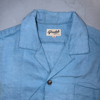 VTG 50s Glendale Loop Collar Shirt Sky Blue Cotton Flannel Rockabilly BOYS 16