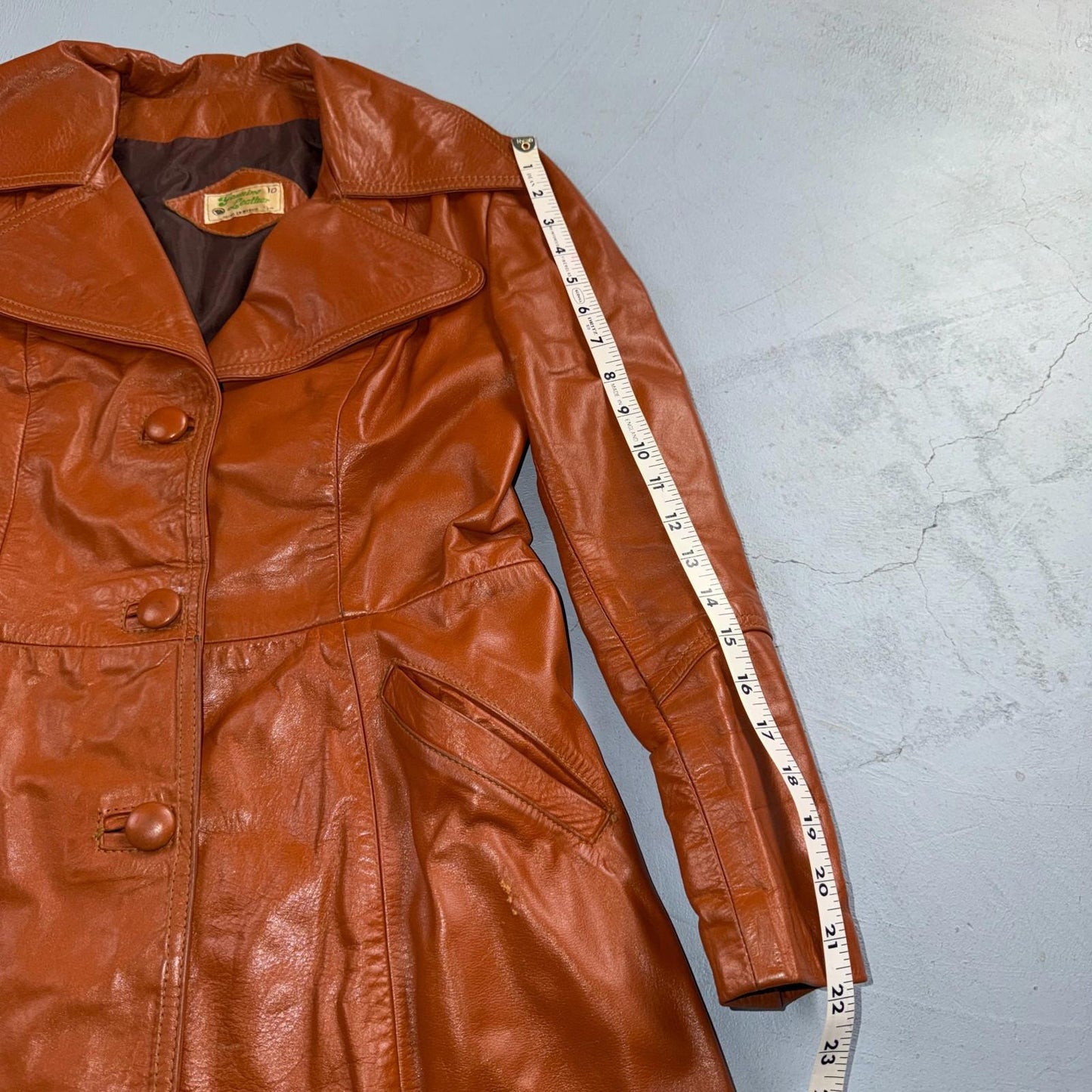 Genuine Leather Womens Brown Blazer Pea Coat Vintage Jacket 70s 80s Long Trench