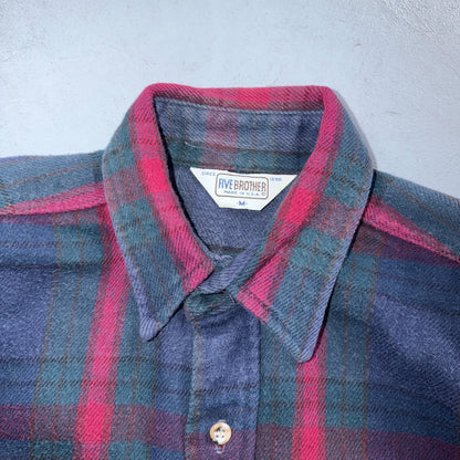 VTG Five Brother Shirt Mens M Shadow Plaid Flannel USA Red 1980s 80s Green Red