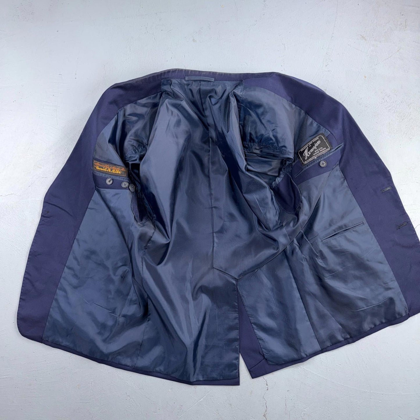 1990s Custom VTG Mens 2 PC Suit 40 Jacket Coat Pants Navy Blue Wool Rockabilly