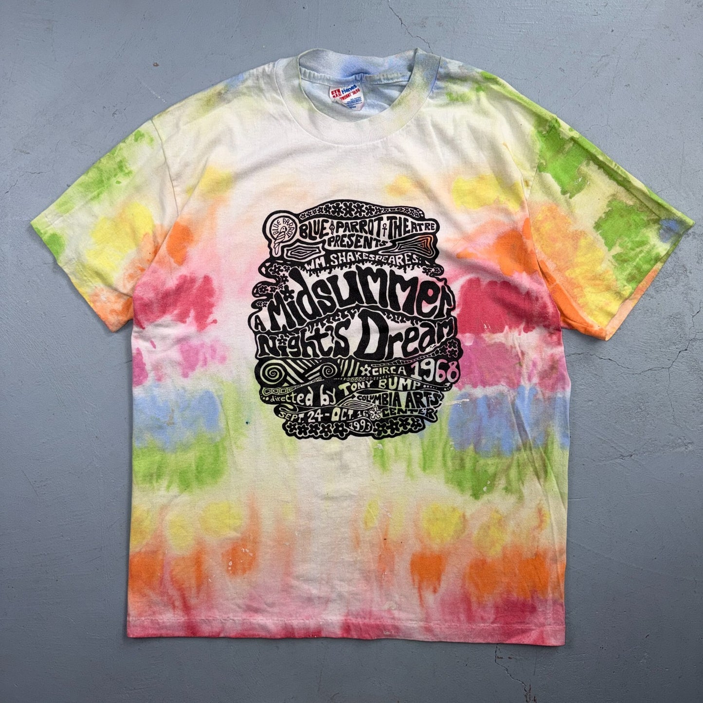 VTG 1993 A Midsummer Nights Dream Tie Dye Shirt Blue Parrot Theatre Shakespeare