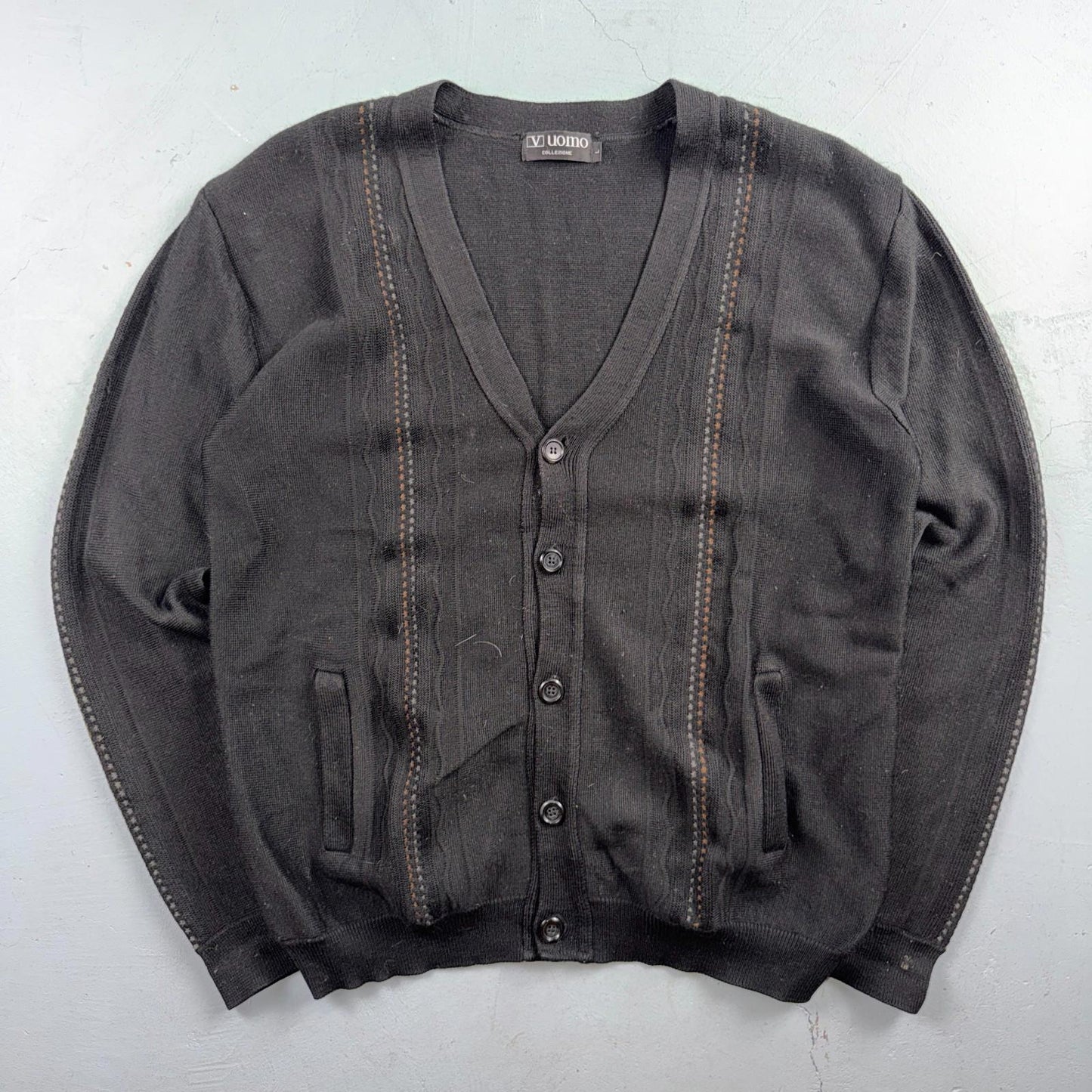 V Uomo Rare Wool Collezione Black Long Sleeve Cardigan Italy Designer Sweater