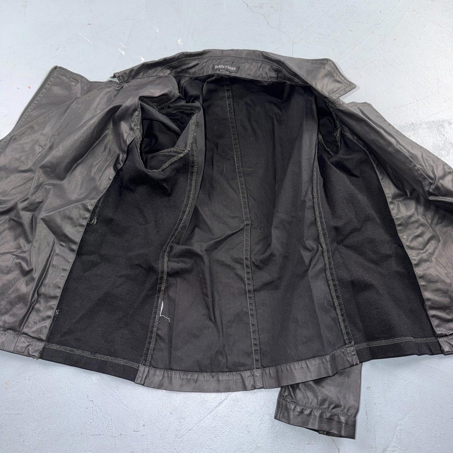 Eileen Fisher Jacket Womens XS Black Asymmetric Moto Zip Coat Cotton Blend