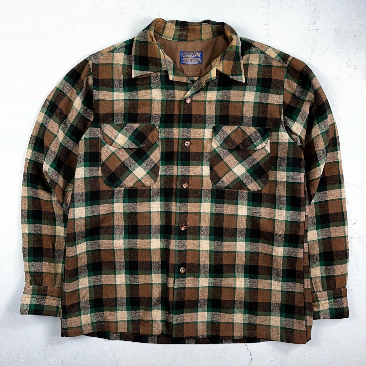 Pendleton 1950s Loop Collar Board Shirt Wool Plaid Flannel Shirt Brown Green VTG