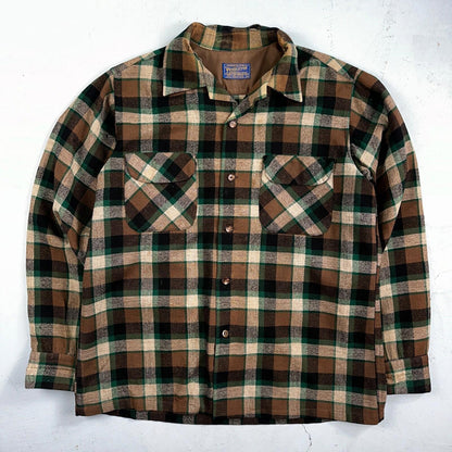Pendleton 1950s Loop Collar Board Shirt Wool Plaid Flannel Shirt Brown Green VTG