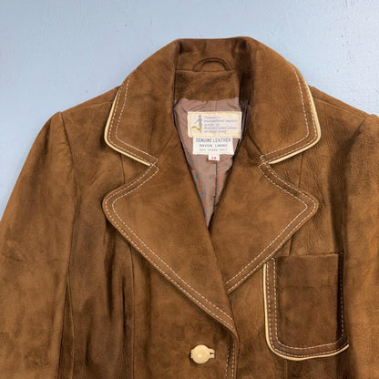 VTG Penneys 70s Suede Leather Button Up Jacket Brown Boho Hippie Western Sz 12