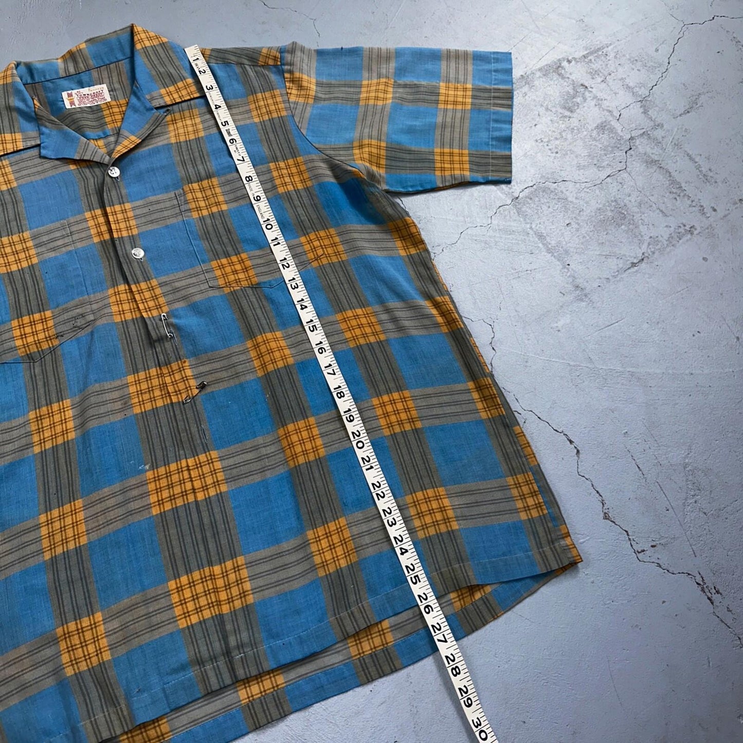 VTG 1960s Penneys Towncraft Blue Camp Loop Collar Shirt Rockabilly Button Plaid