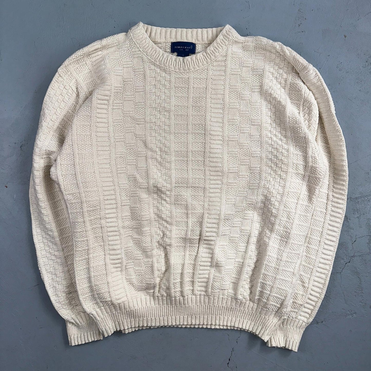 Towncraft VTG 80s 100% Cotton Made In USA Ivory Square Knit Sweater Sz L