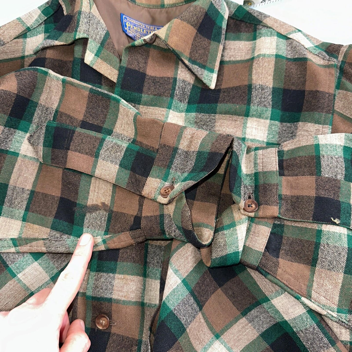 Pendleton 1950s Loop Collar Board Shirt Wool Plaid Flannel Shirt Brown Green VTG