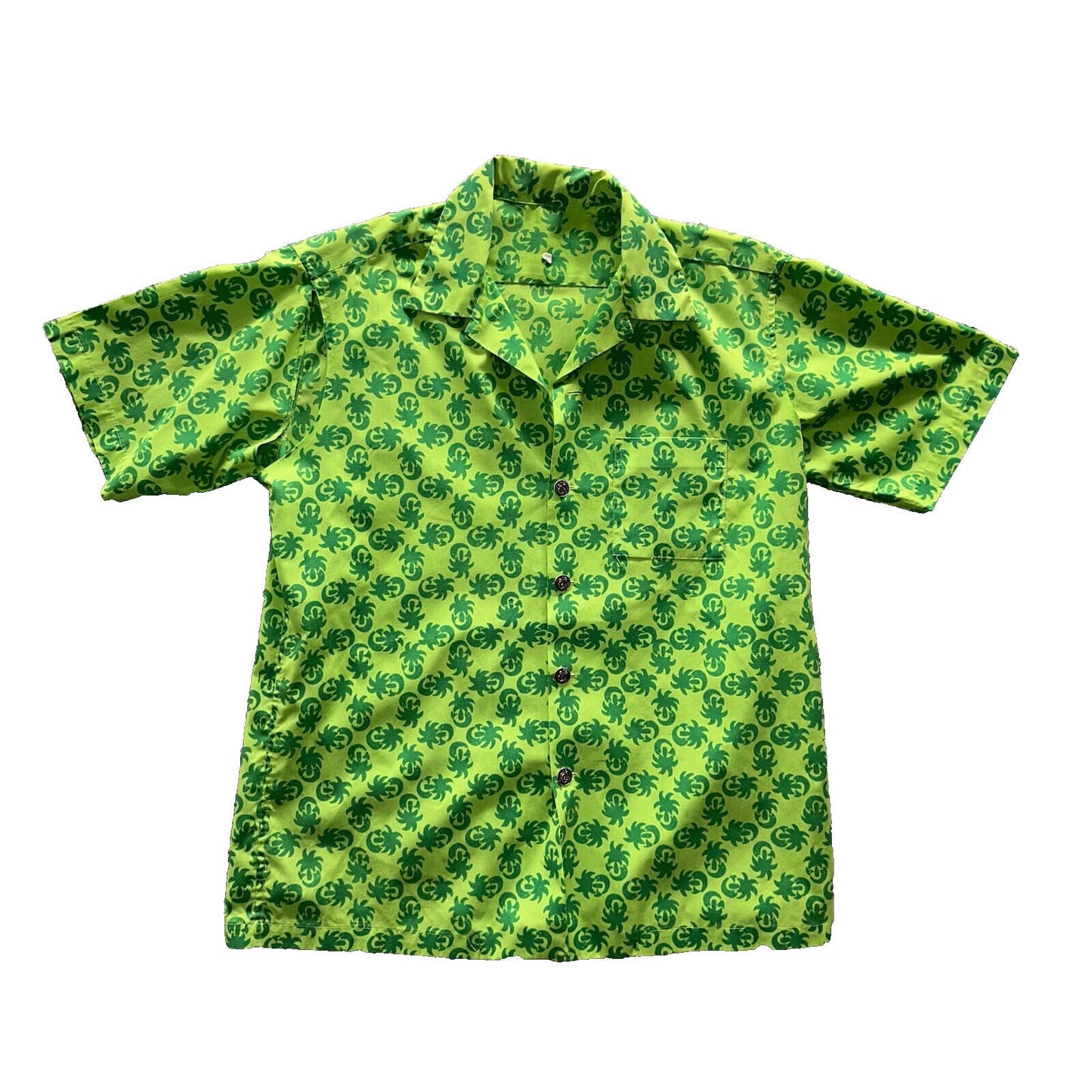 Vintage 50s Hawaiian Aloha Print Shirt Rockabilly Honolulu 60s Button Green