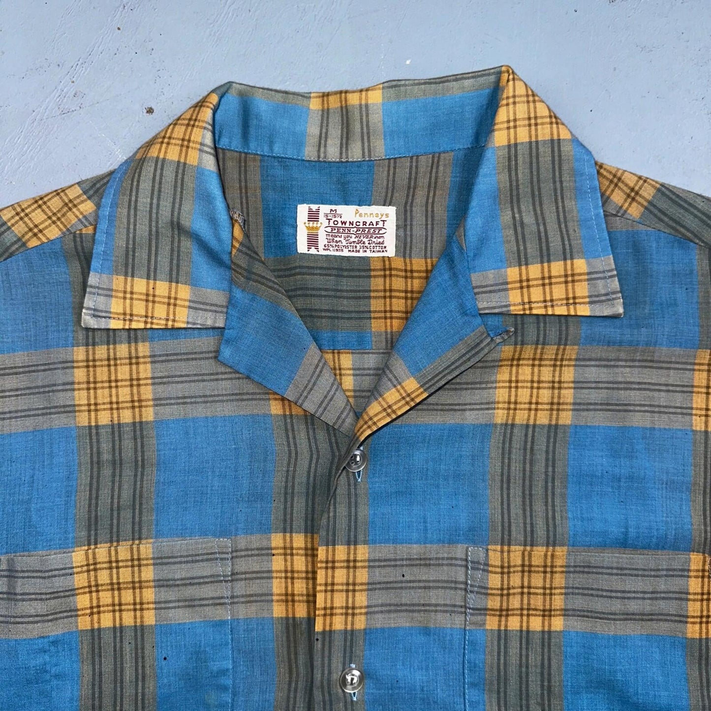 VTG 1960s Penneys Towncraft Blue Camp Loop Collar Shirt Rockabilly Button Plaid