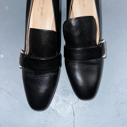 Kate Spade Alia Black Block Heel Pump 9.5 Leather Chunky Silver Tone Buckle