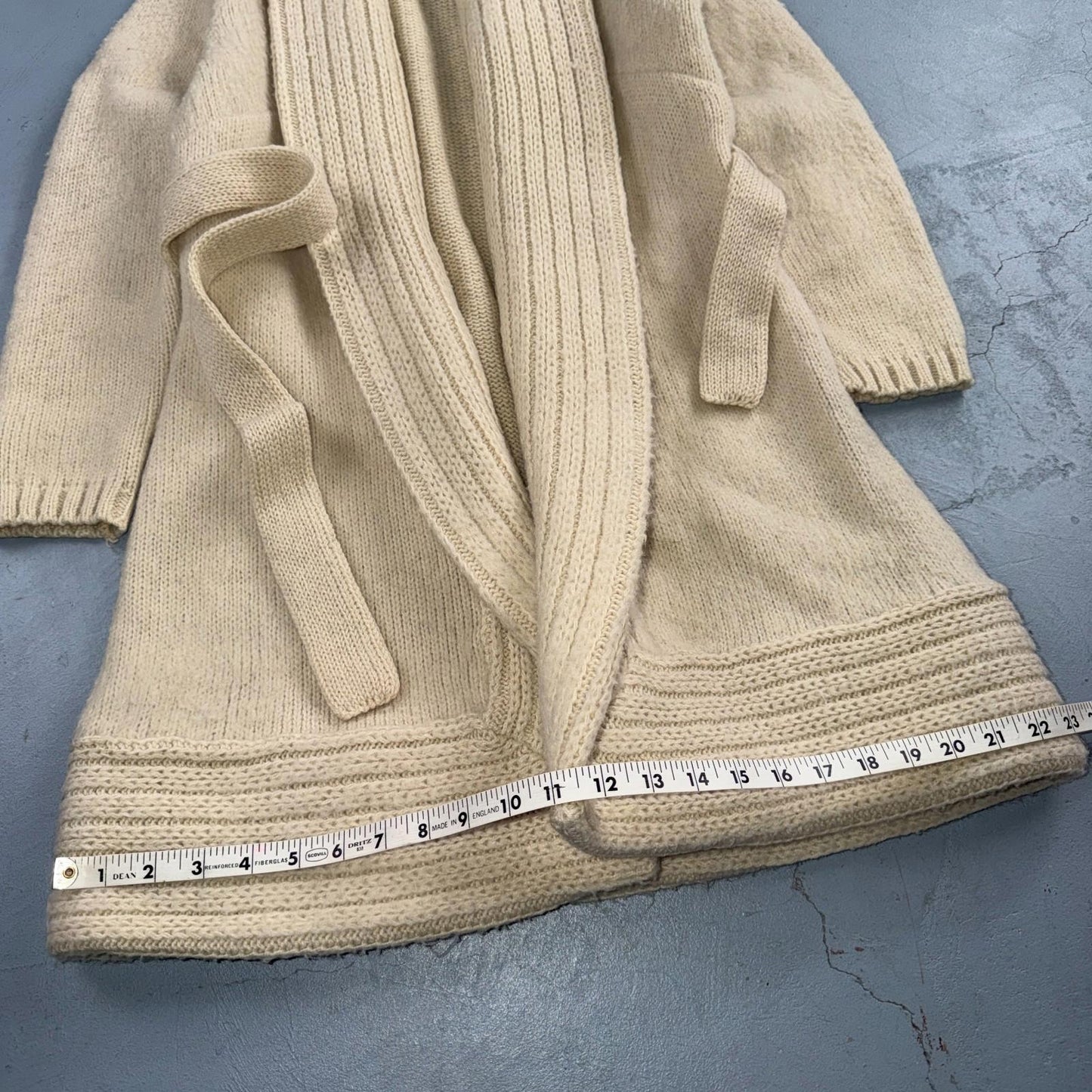 VTG 70s 80s Ribbed Knit Cardigan Open Belted Pockets Beige S/M Boho Chic