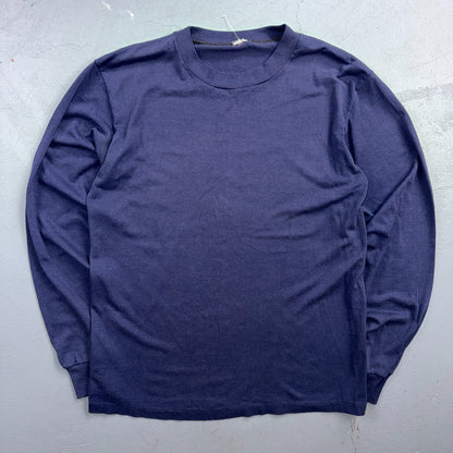 Blank 1970s Long Sleeve VTG T Shirt Single Stitch Navy Blue 70s 80s 50/50 Blend
