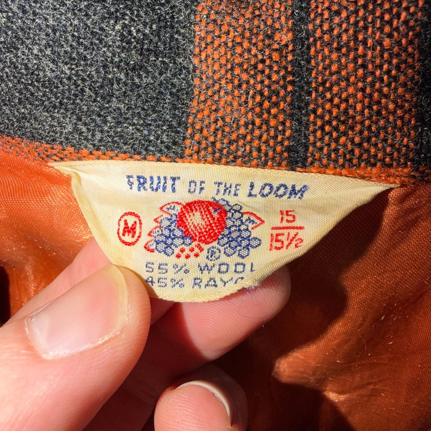 VTG 50s Fruit of Loom Shirt Orange Plaid Wool Button Loop Collar Rockabilly 1950