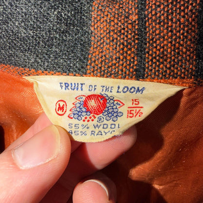 VTG 50s Fruit of Loom Shirt Orange Plaid Wool Button Loop Collar Rockabilly 1950