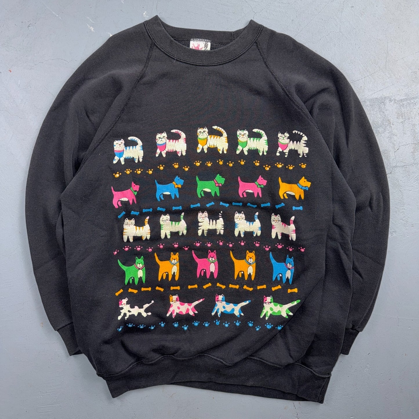 Vintage 90s Cats Dogs Animal Graphic Sweatshirt Black Cute USA One Size Art