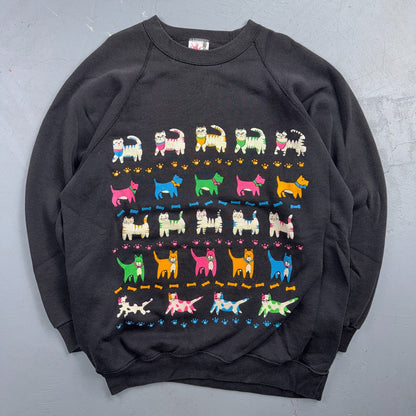 Vintage 90s Cats Dogs Animal Graphic Sweatshirt Black Cute USA One Size Art