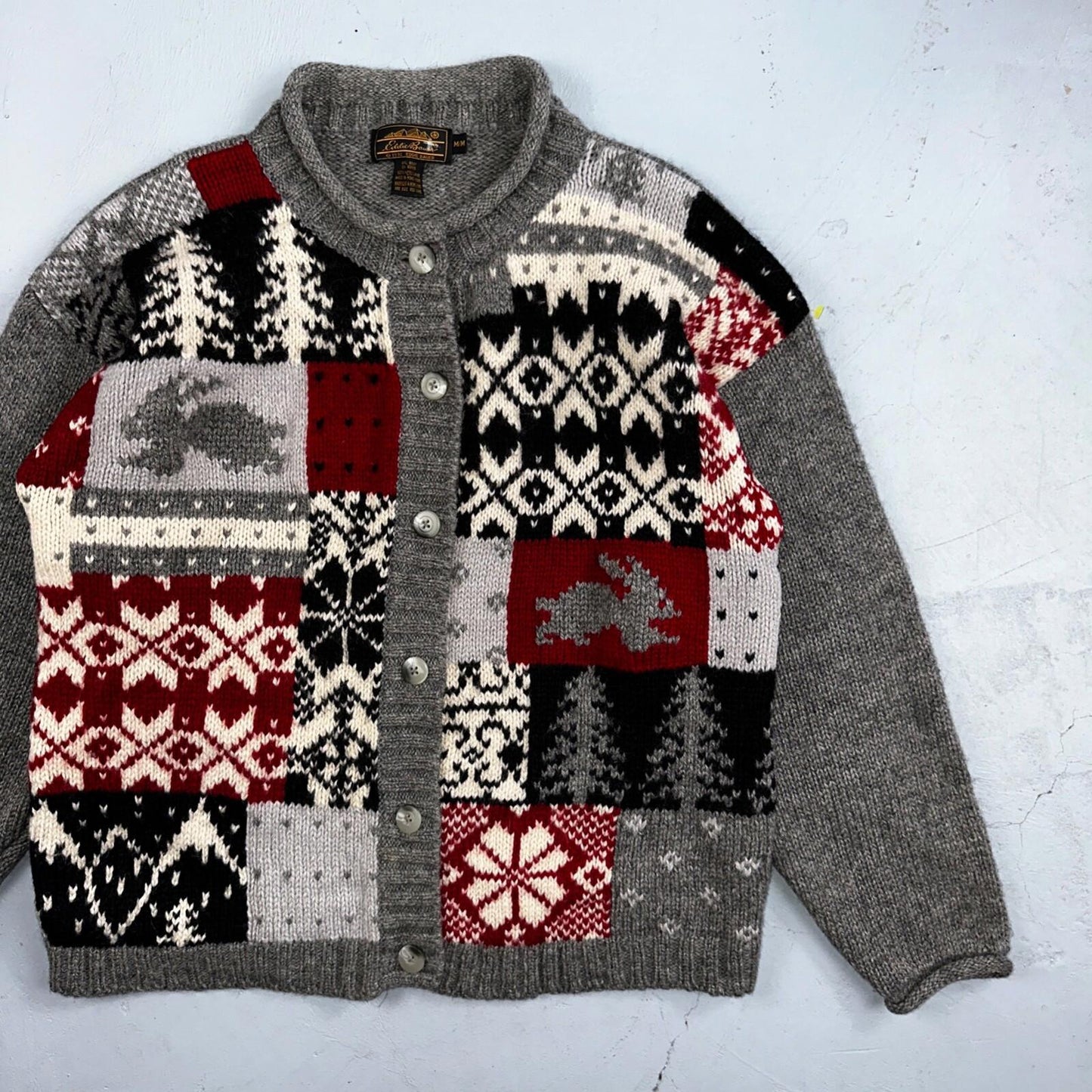 Vintage Eddie Bauer Cardigan Sweater Sz M Gray Snowflake Nordic Patchwork Wool