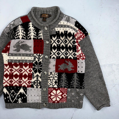 Vintage Eddie Bauer Cardigan Sweater Sz M Gray Snowflake Nordic Patchwork Wool