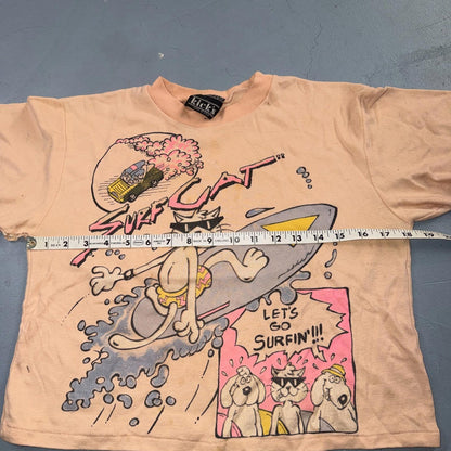 Surf Cat Crop 80s VTG T Shirt Kicks USA 1980s Graphic Cats Cartoon Cool Beach