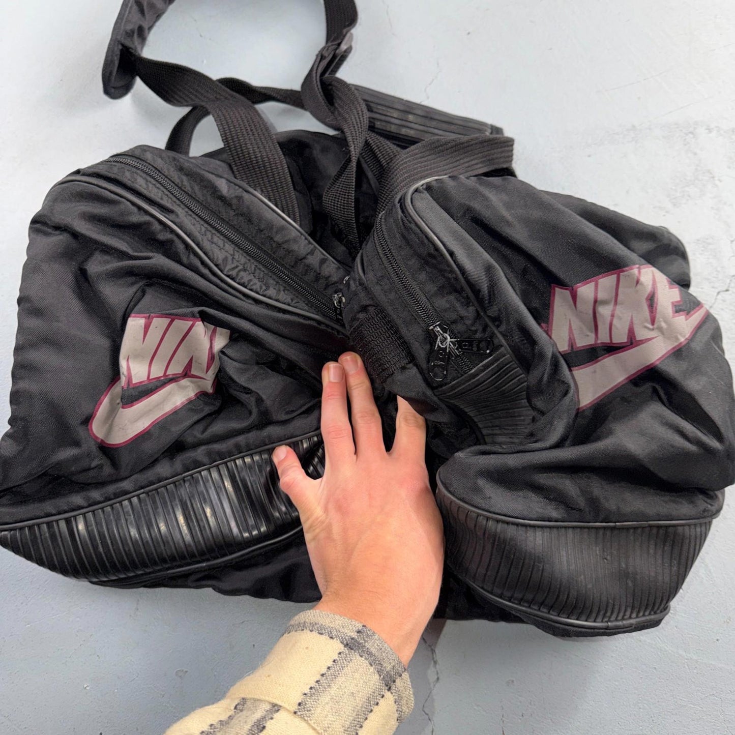 Vintage Nike Duffle Gym Bag Black Red Check Swoosh White Tag Basketball Large