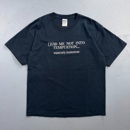 Bookstore Lead Me Into Temptation VTG T Shirt Y2K Book Reading Quote Text 2000s