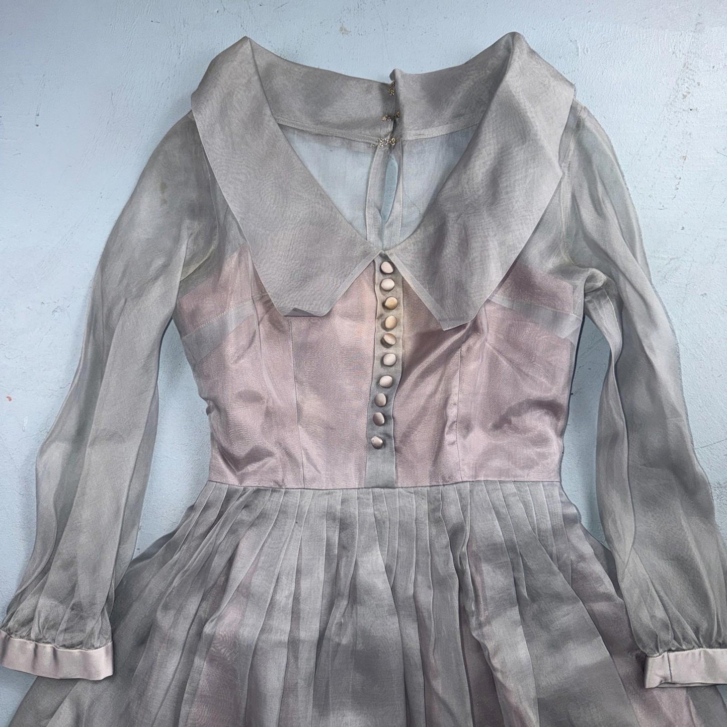 VTG 1950s Sheer Organza Dress Mauve Gray Full Skirt Union Made Party 50s Belted