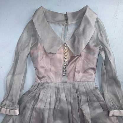 VTG 1950s Sheer Organza Dress Mauve Gray Full Skirt Union Made Party 50s Belted