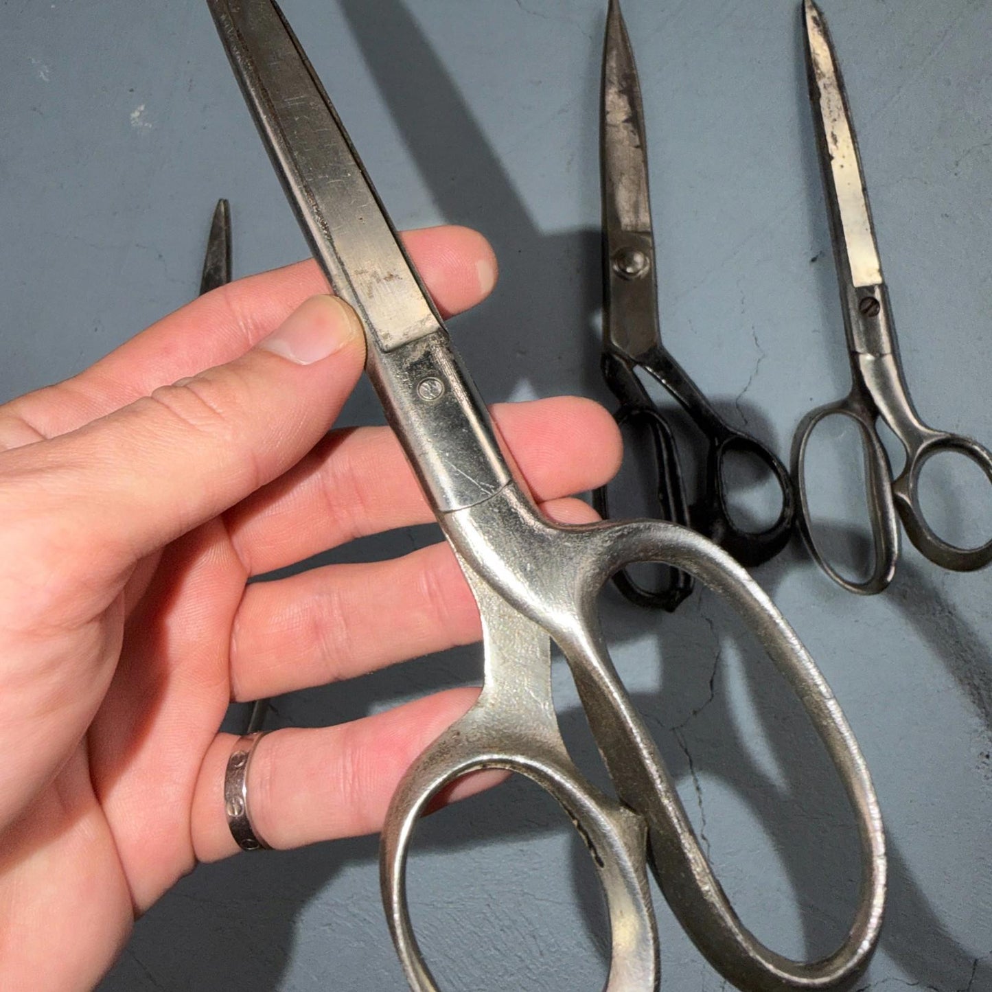 4 Pairs of Used Vintage Scissors Silver Handle Henkel Italy Steel Rare 60s