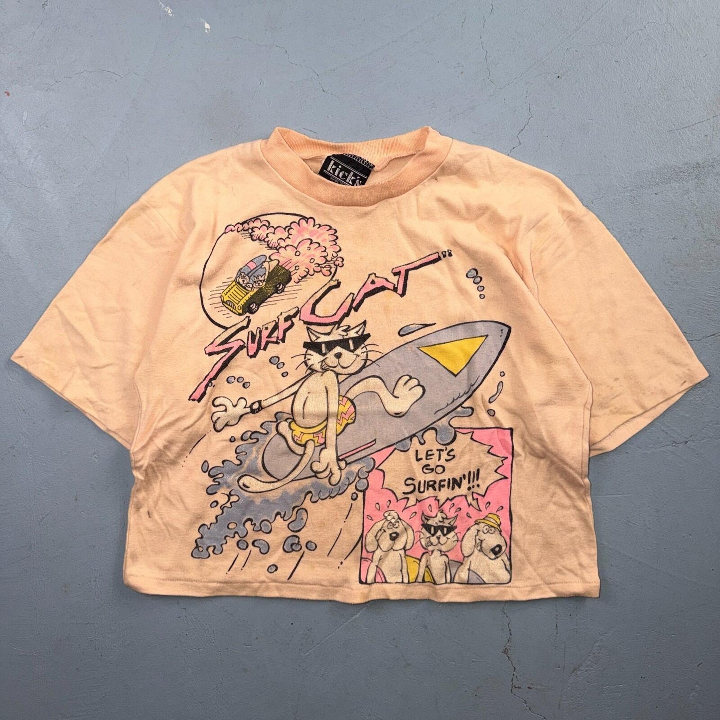 Surf Cat Crop 80s VTG T Shirt Kicks USA 1980s Graphic Cats Cartoon Cool Beach