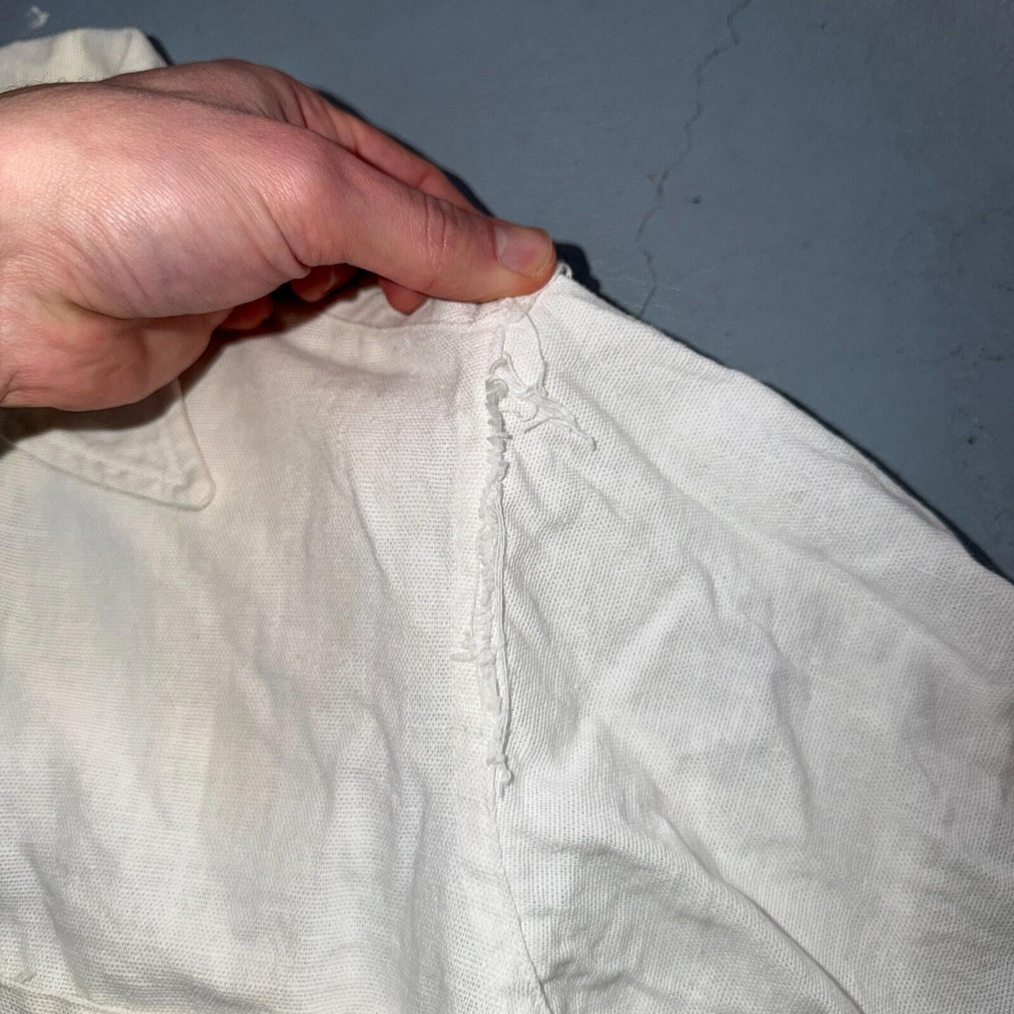 VTG 1940s Sportswear Button Shirt Rockabilly Stained White Linen? Cotton 40s
