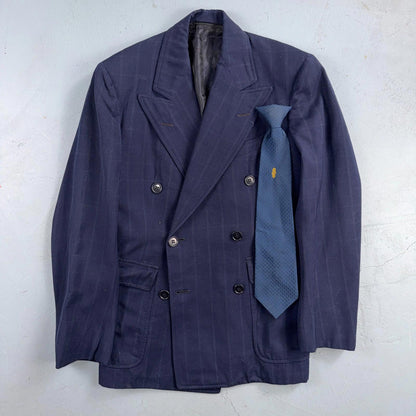 1940s 1950s VTG Mens Double Breast Suit 36 Jacket Coat Navy Union Rockabilly USA