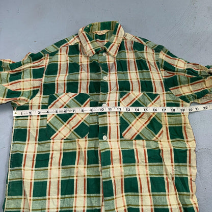 VTG 60s Penneys Towncraft Button Green Cotton Shirt Plaid Rockabilly Distressed