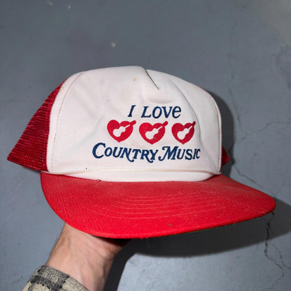 VTG I Love Country Music Trucker SnapBack VTG Hat Red Kisses Guitars Nashville
