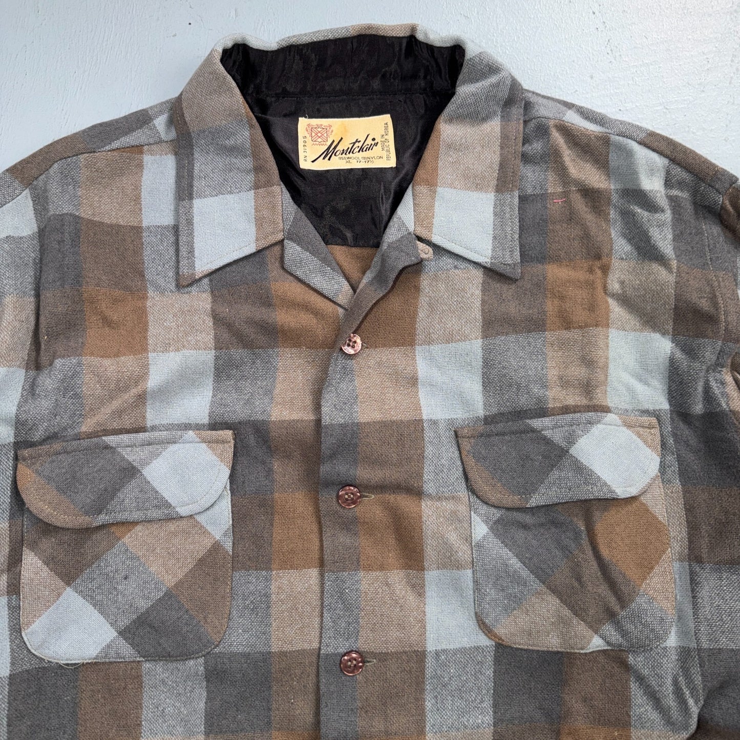 VTG 60s Montclair Brown Gray Plaid Wool Shirt Loop Collar USA Rockabilly Board