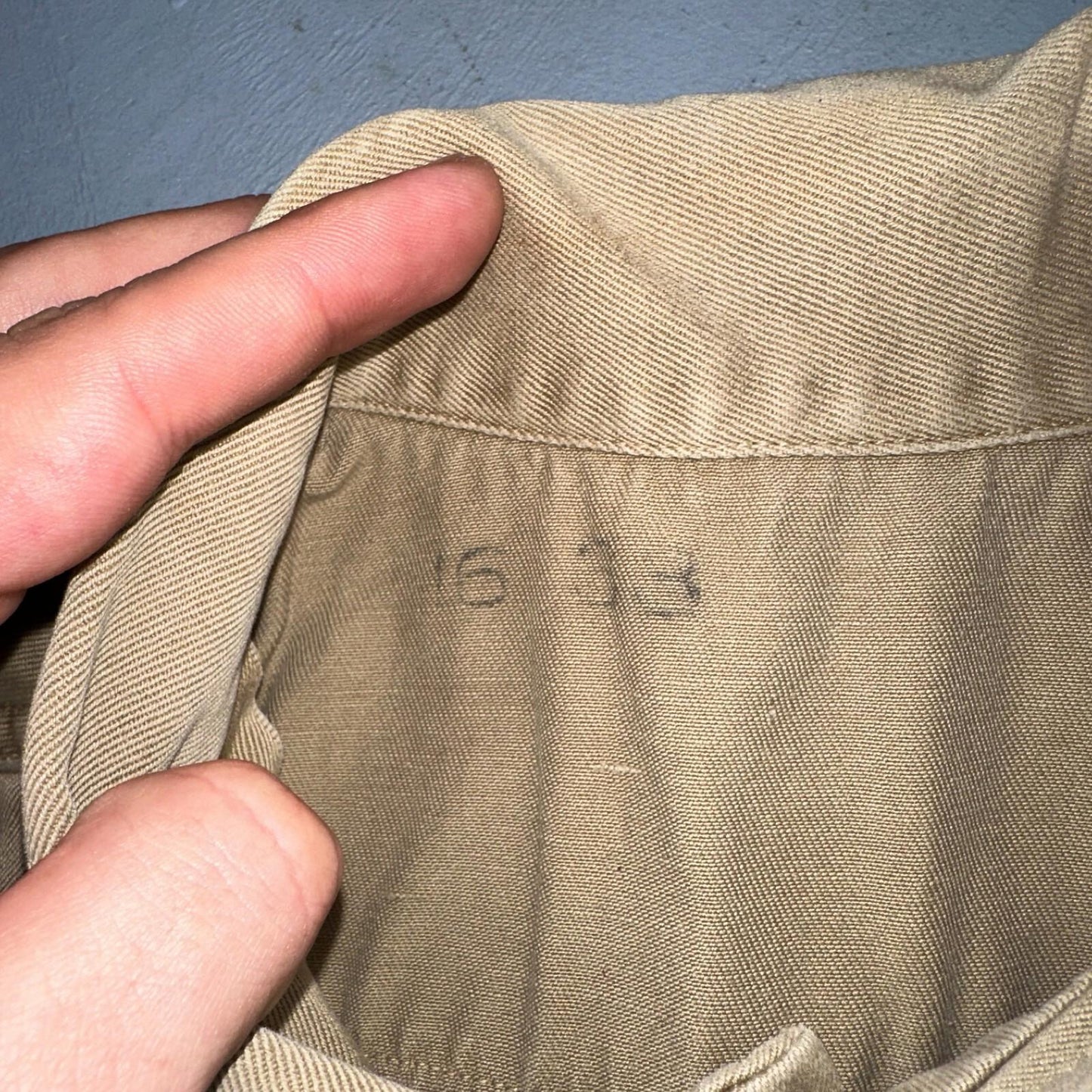 Vintage 40s WWII Gusset Khaki Work Army Military Button Shirt Stencil USN