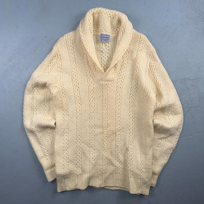 Penneys 1950s Wool Sweater Cream Shawl Collar Heritage Fisherman Knit Rockabilly