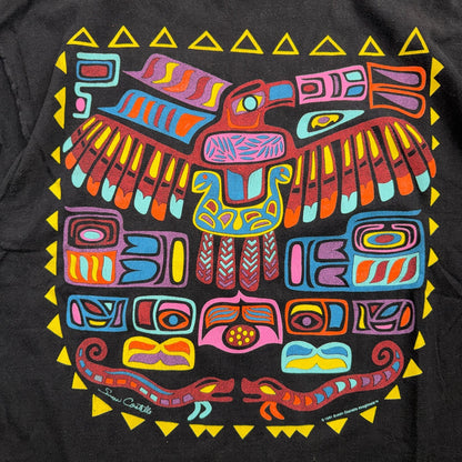 VTG Sue Coccia Native Northwest Eagle Raven Art Graphic T Shirt Black Large