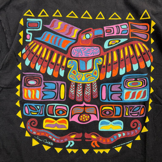 VTG Sue Coccia Native Northwest Eagle Raven Art Graphic T Shirt Black Large