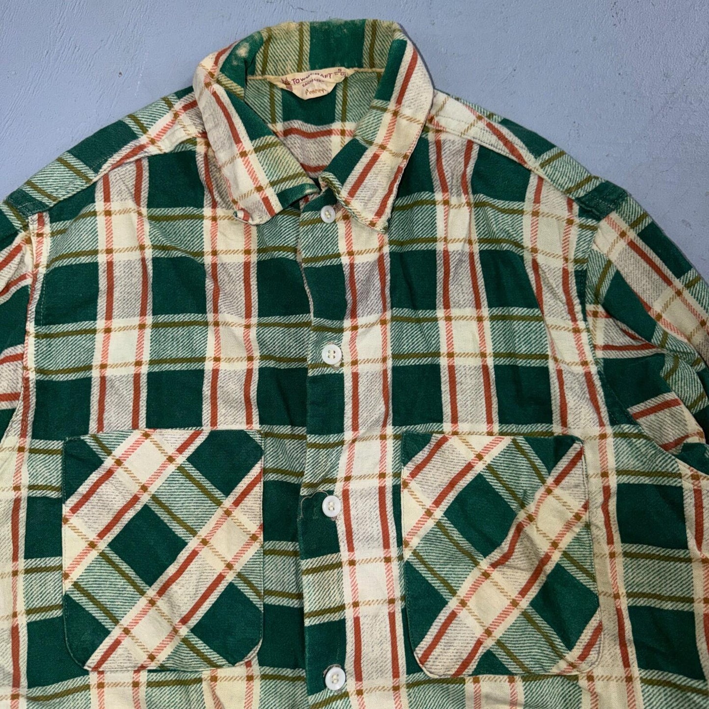 VTG 60s Penneys Towncraft Button Green Cotton Shirt Plaid Rockabilly Distressed