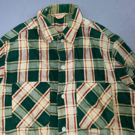 VTG 60s Penneys Towncraft Button Green Cotton Shirt Plaid Rockabilly Distressed