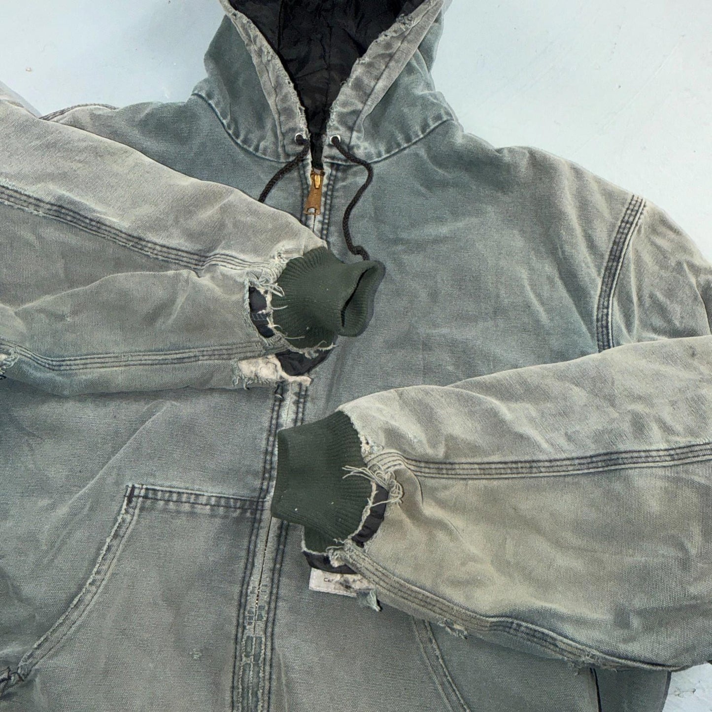 Vintage Carhartt Olive Green Hooded Jacket Bomber Coat Thrashed Faded 90s Y2K