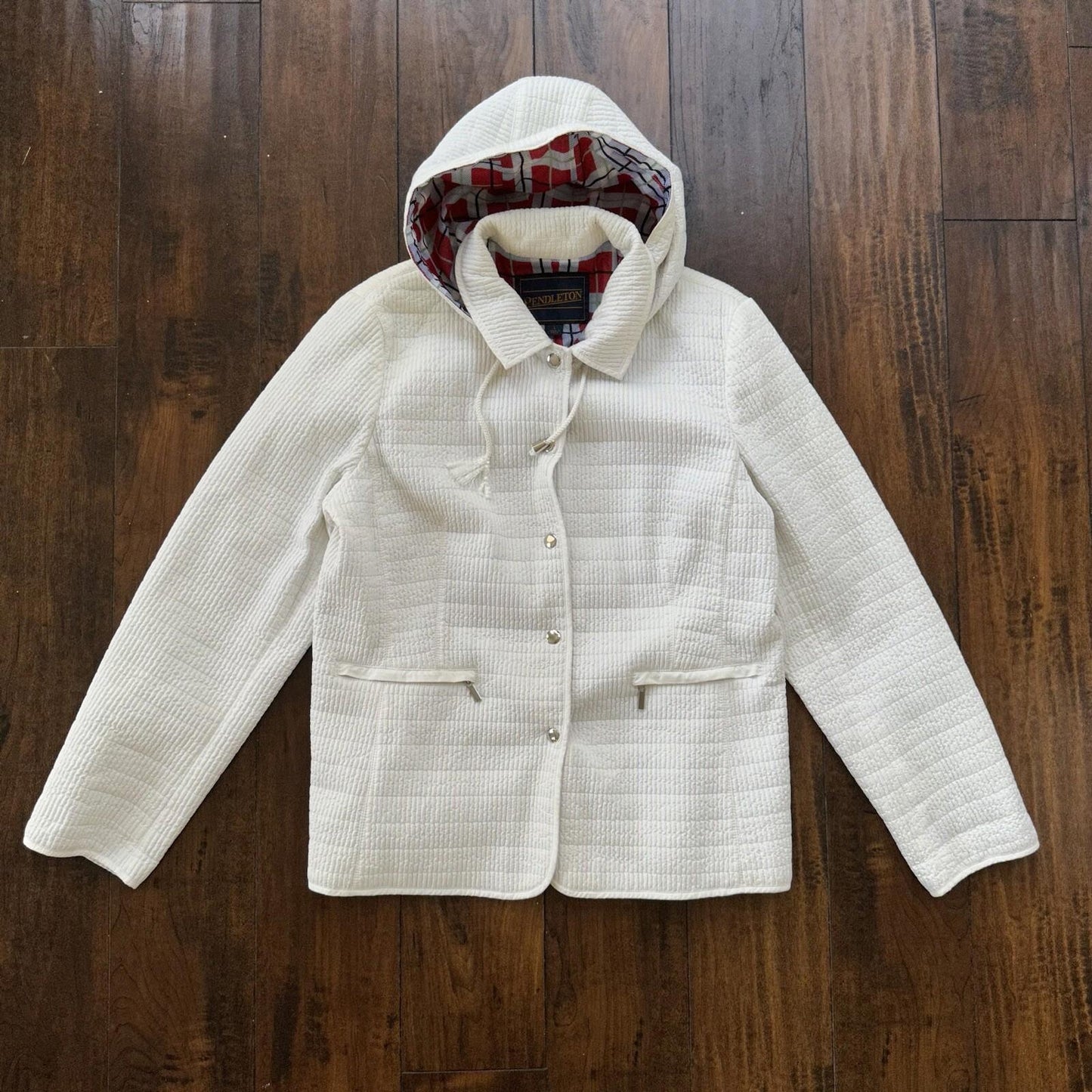 PENDLETON White Button Front Hooded Jacket Coat Size L Womens Warm Winter Vtg