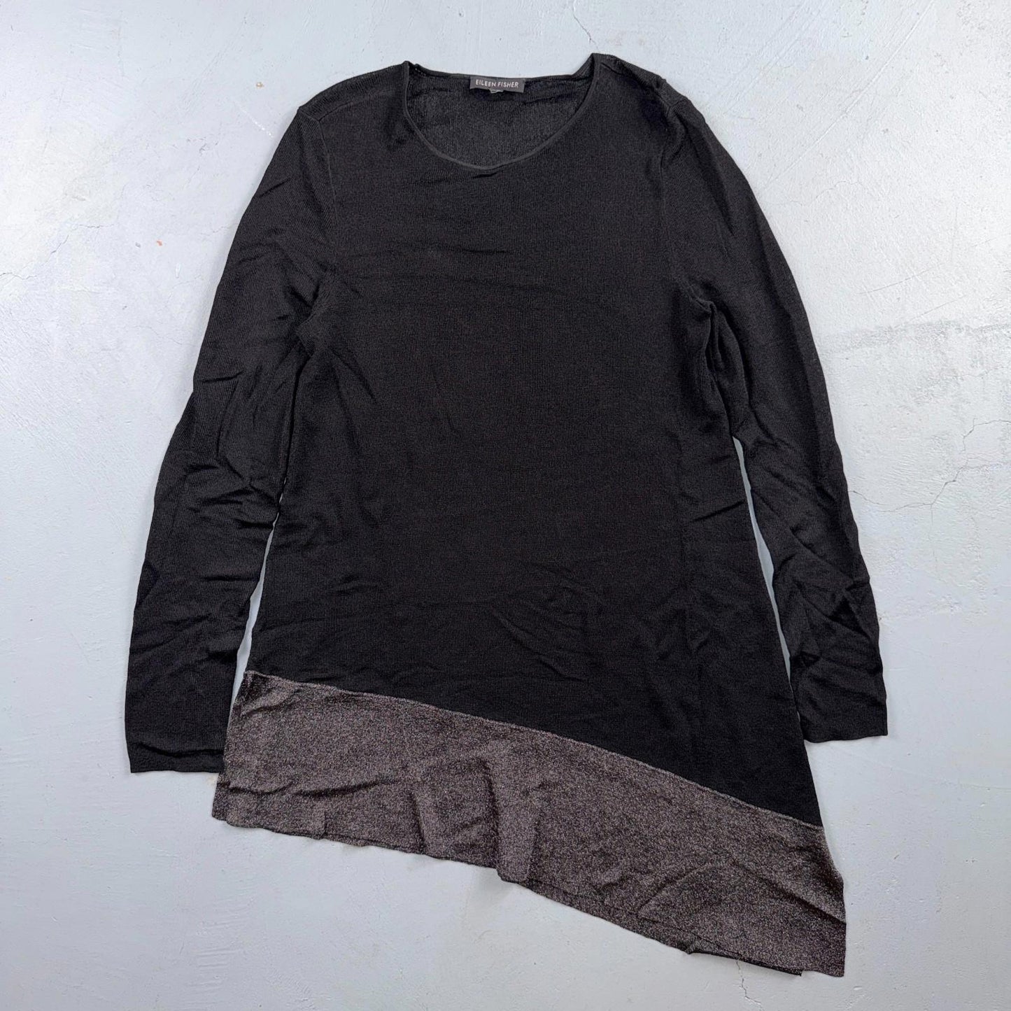 Eileen Fisher Top Womens XS Asymmetrical Knit Metallic Black Silver Evening