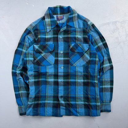 VTG 70s Pendleton Blue Plaid Pure Virgin Wool Board Shirt USA Camp Rockabilly