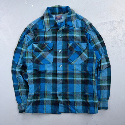 VTG 70s Pendleton Blue Plaid Pure Virgin Wool Board Shirt USA Camp Rockabilly